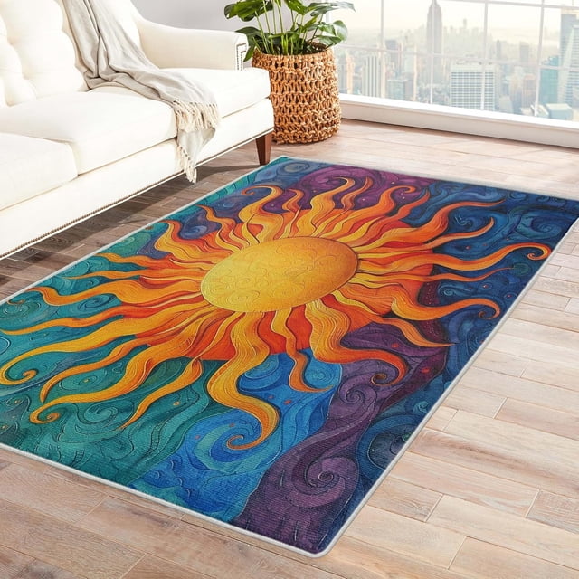 Celestial Rugs for Bedroom - Celestial Rug & Home Decor, Boho Burning Sun Rugs for Entryway, Washable Rugs, 3x5 Area Rug, Non Slip Soft Low Pile Indoor Door Mat, Aesthetic Carpet & Room Decorations