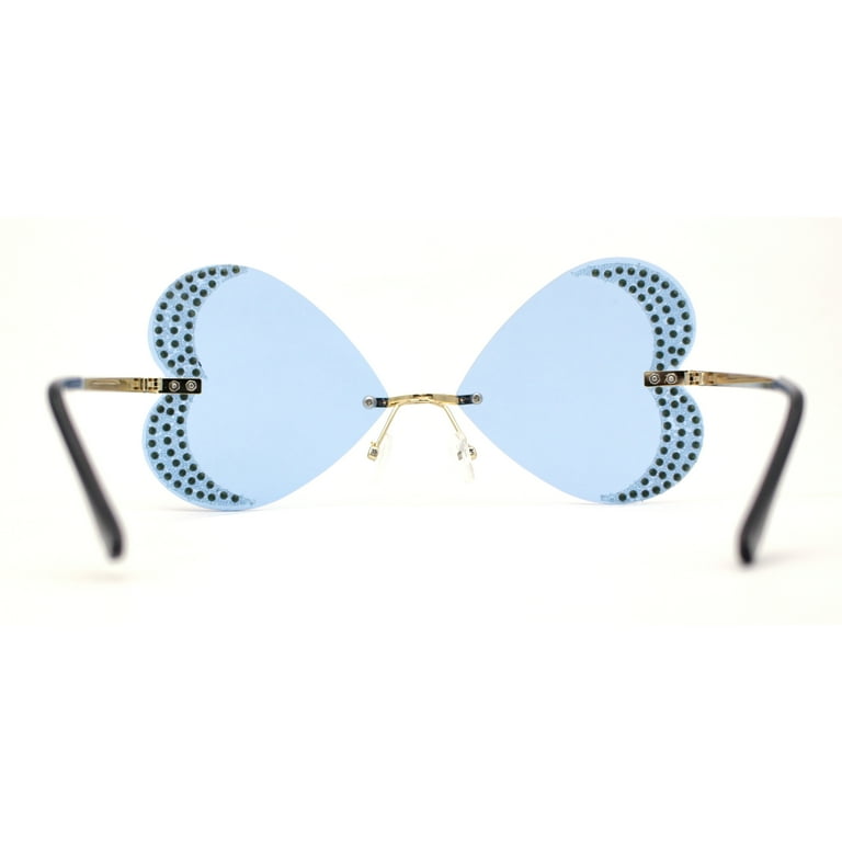 Womens Heavy Sparkle Rhinestone Heart Butterfly Rimless Sunglasses