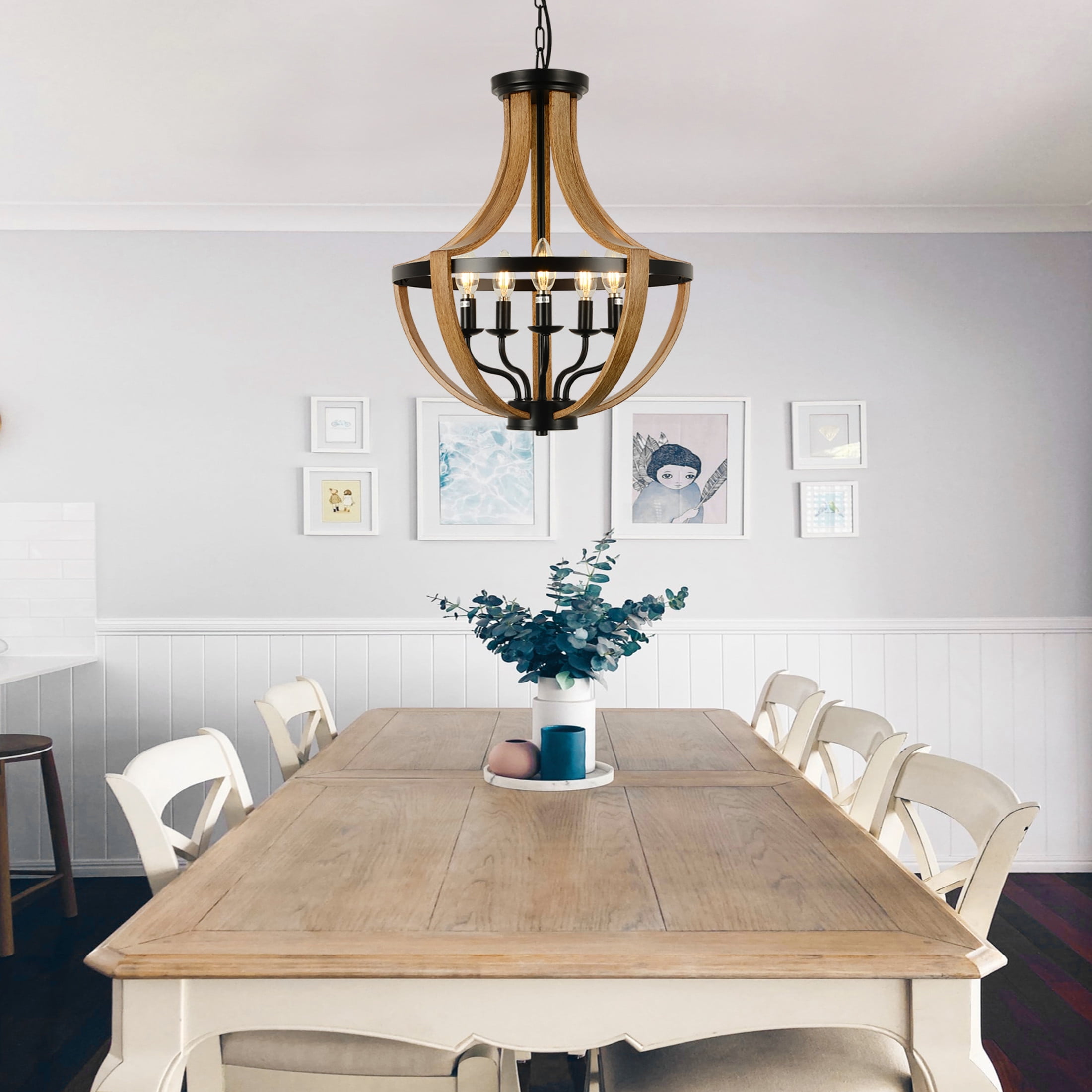 Noble House 17.7" 5-Light Farmhouse Wood Geometric Chandelier, Rustic Dining Room and Foyer Pendant Light, Brown