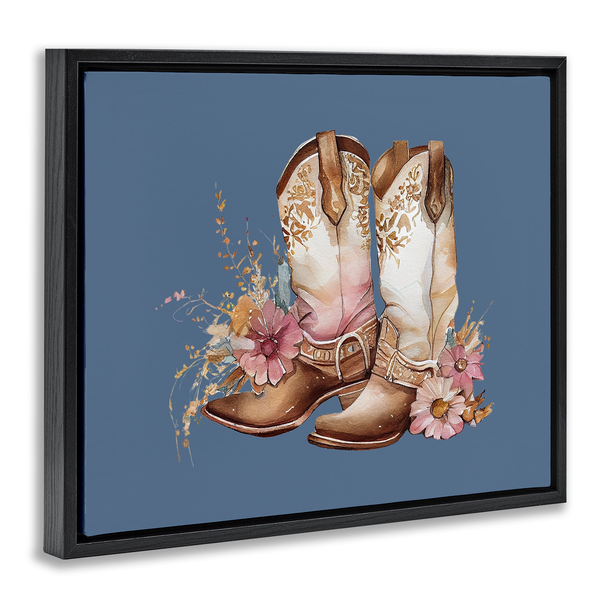 Stupell Industries Cowboy Boots & Wildflowers Plants & Flowers Painting Black Floater Framed Canvas Art Print Wall Art, 31 x 25