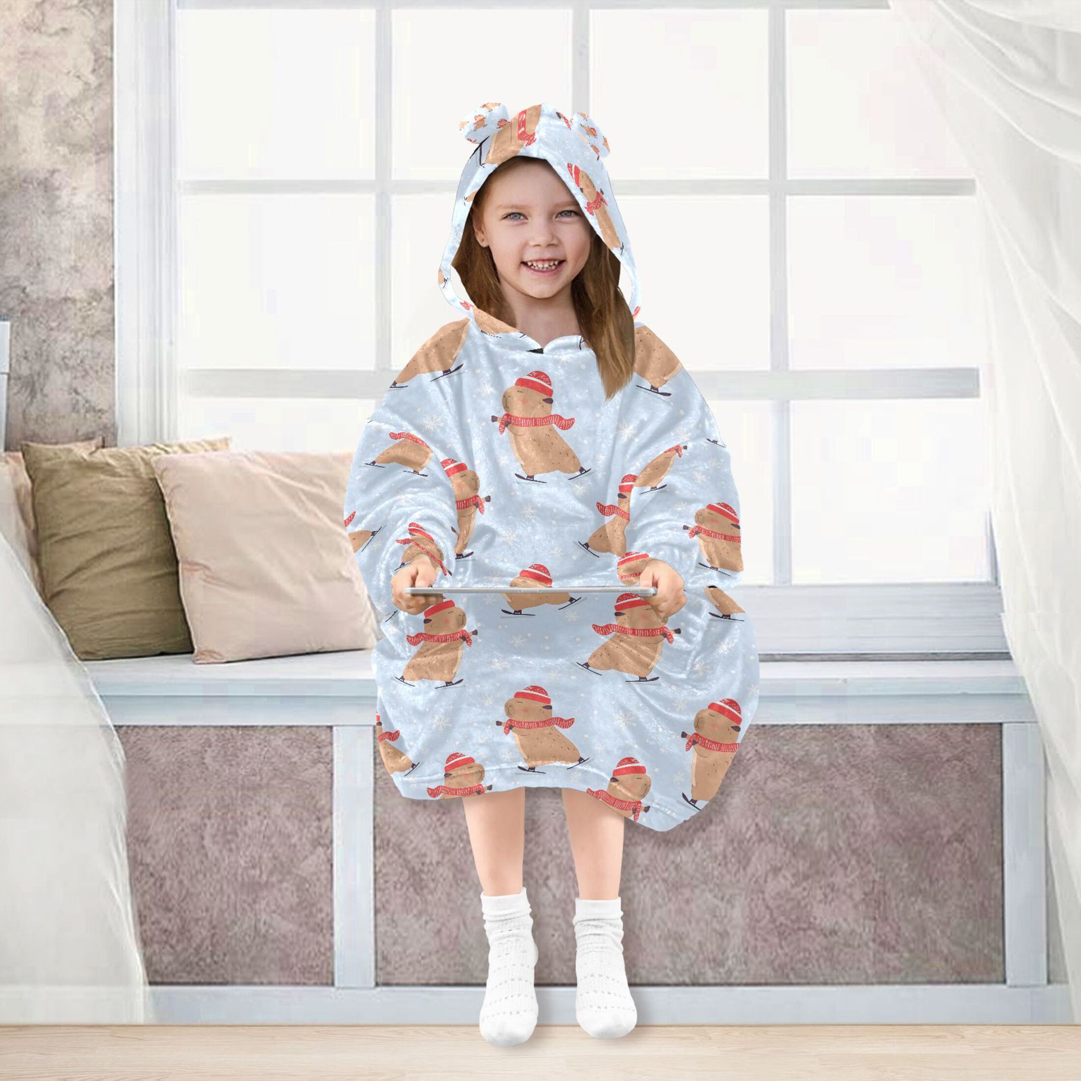 Wearable Blanket Hoodie for Capybara Skate Snowflake Pattern Flannel Hooded Blanket with Pockets and Sleeves Suitable