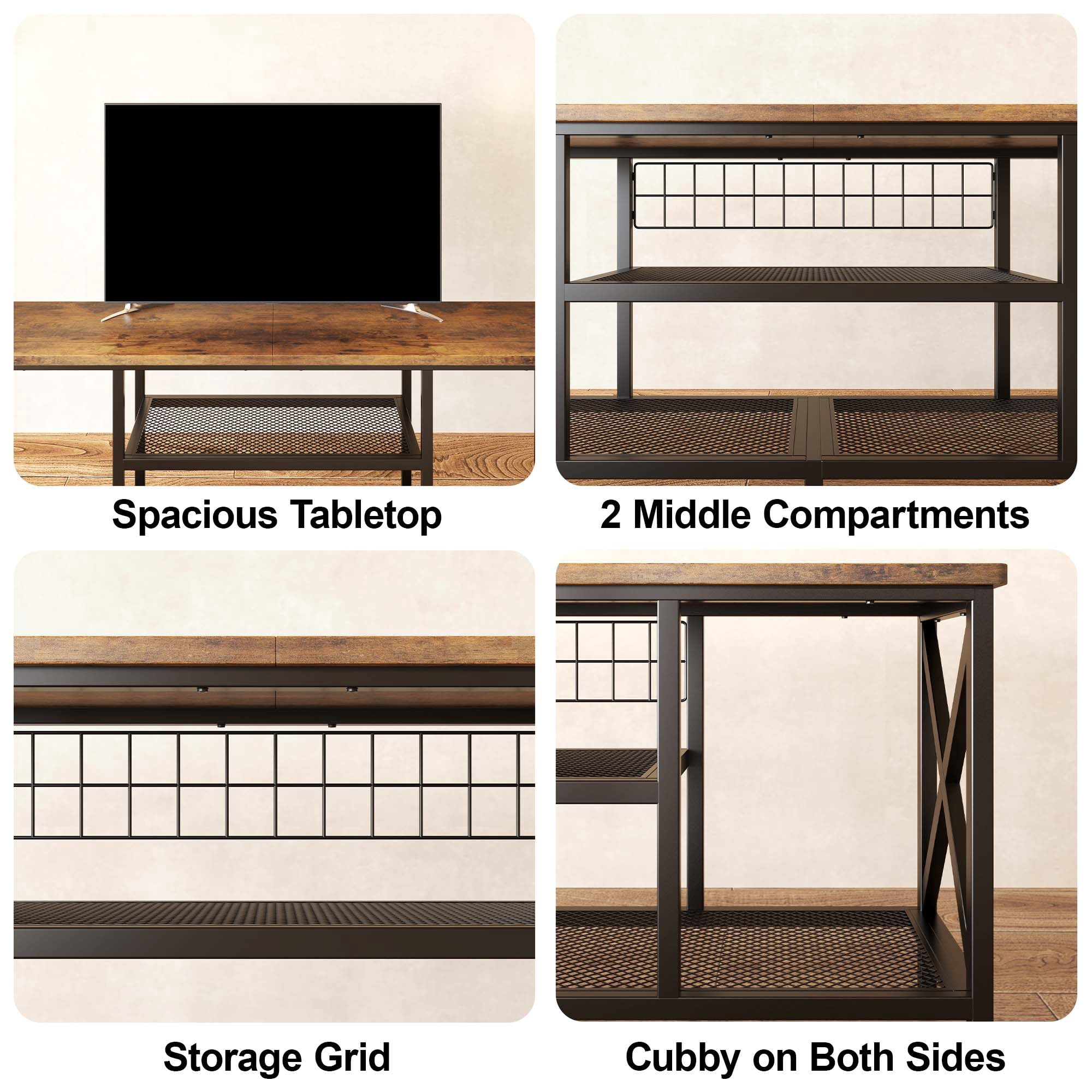 Aiho 59.8" Industrial 3-Tier Media Entertainment Center with Open Shelves & Metal Frame - Spacious TV Stand for 55-65 Inch TVs, Versatile Sofa Table for Living Room, Bedroom, Office - Rustic Brown