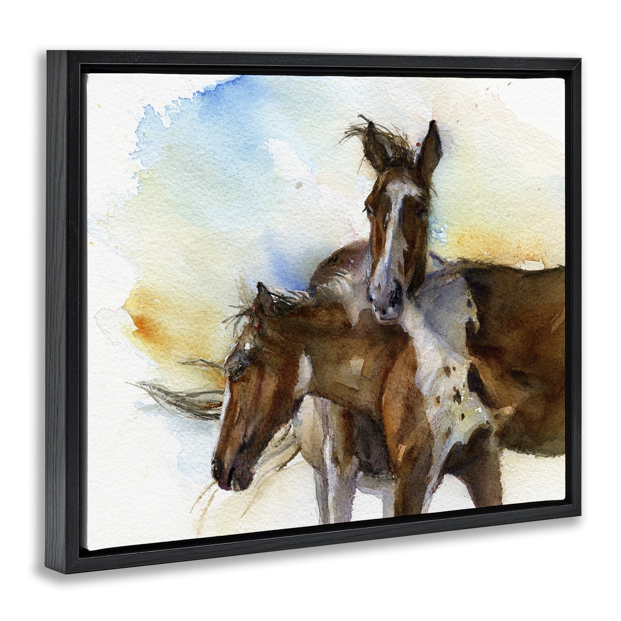 Stupell Industries Brown Horses Watercolor Animals & Insects Painting Black Floater Framed Canvas Art Print Wall Art, 21 x 17