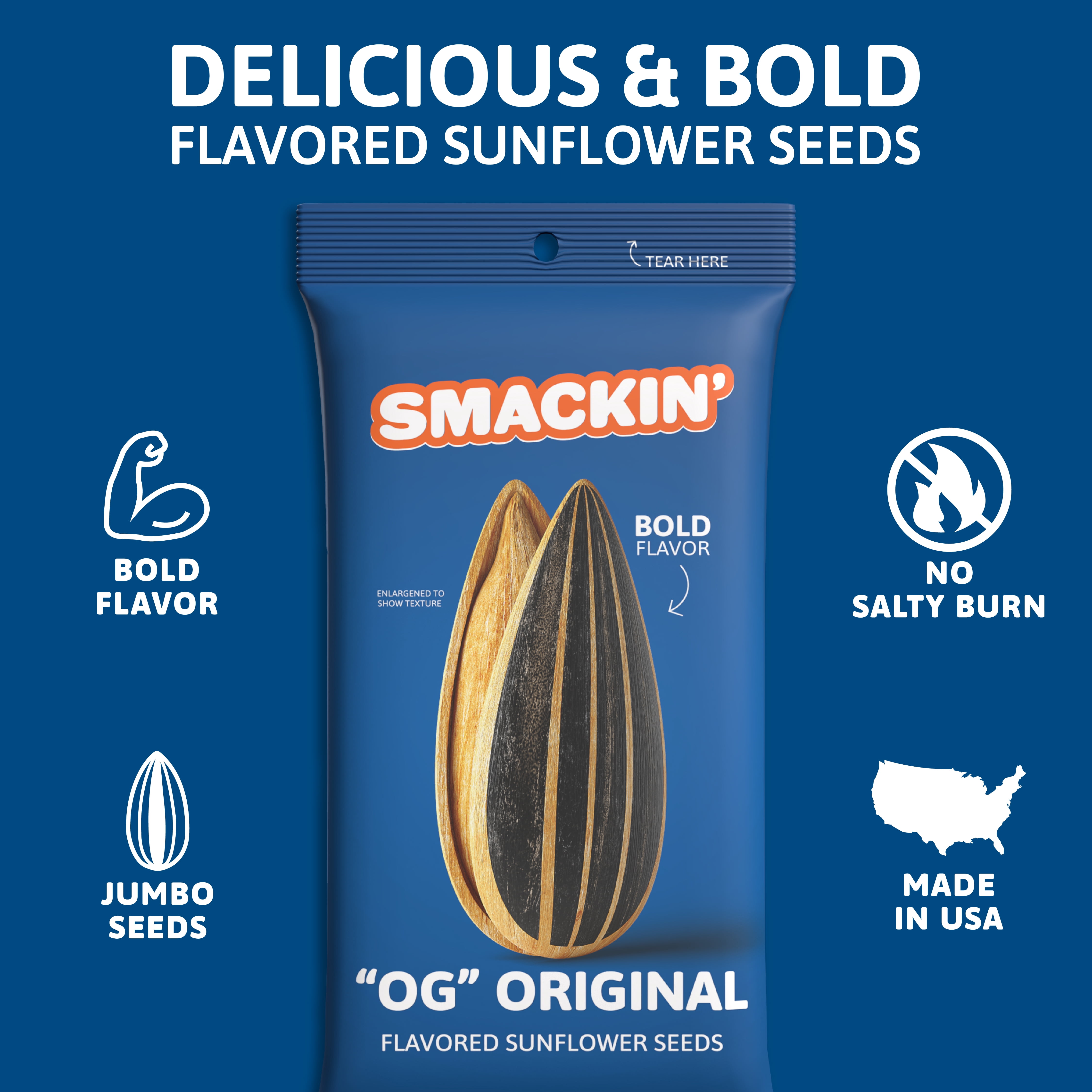 SMACKIN' - Jumbo Roasted Sunflower Seeds, No Salty Burn, American Made, Easy Pour & Seal - "OG" Original, 4oz bag (12 Bags)