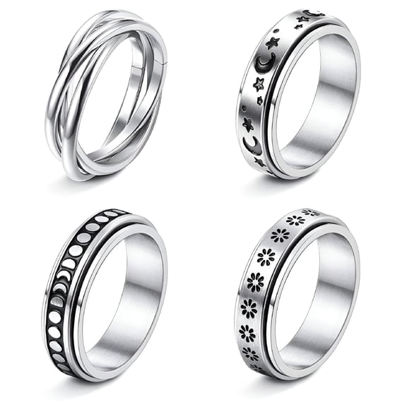 DESIGNICE 4 Pcs Vintage Spinner Rings Set for Women Men Rotating Stainless Steel Rings Anxiety Band Rings