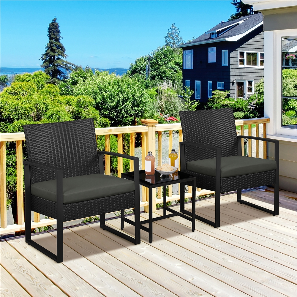 Renwick 3-Piece Patio Bistro Set with 2 PE Rattan Chairs and Table, Black/Gray