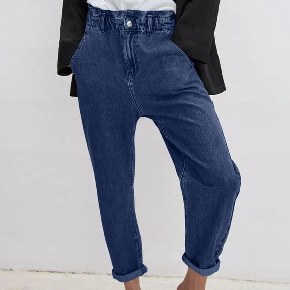ClodeEU Women's Summer Solid Color Button Fly Wide Leg Jeans ,Elastic Waist with Tapered Cuff Denim Pant Dark Blue,Womens Plus L