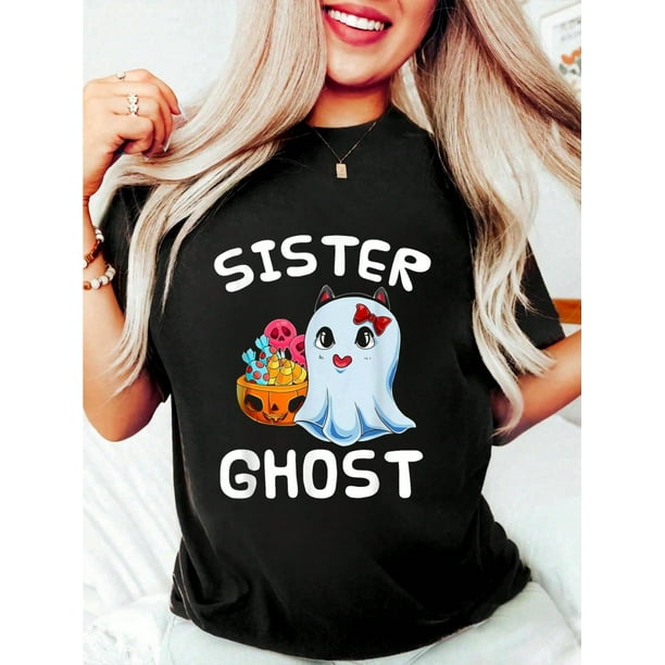 Halloween T-shirt 100% Cotton Sister Ghost Family Matching Costumes Outfit Gift T-Shirt Women's Tee Causal Breathable Classic Comfort Tops