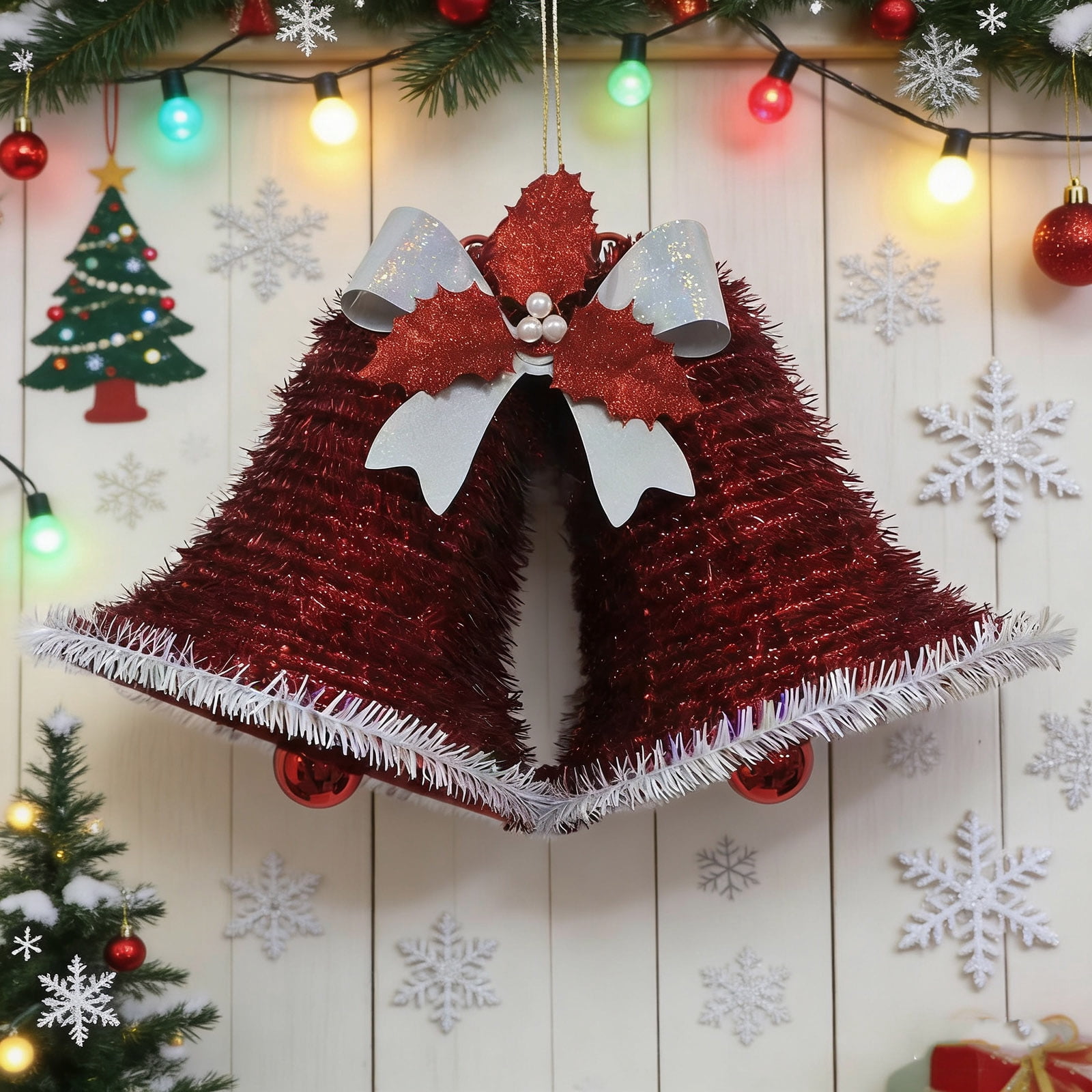Tinsel Double Bells Christmas Decoration, Red and White, 8", by Holiday Time