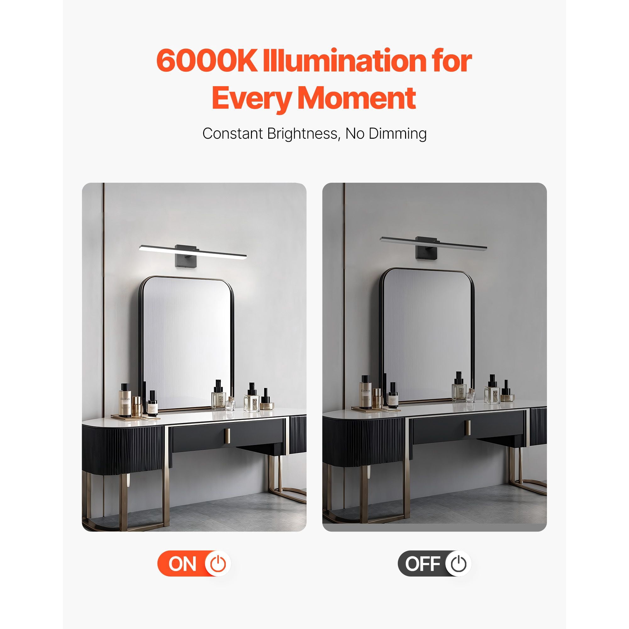Bathroom Light Bar 18W 6000K LED Over Mirror Lighting IP44 Waterproof Dustproof Flicker-Free for Vanity Makeup Grooming
