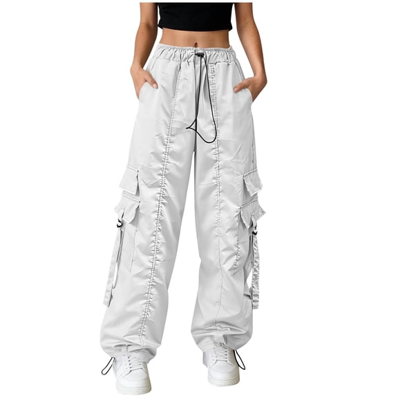Hurxie Cargo Pants Women Baggy Parachute Pants Woman Mutil Pockets Loose Fit Y2K Casual Pants for Women White,2XL