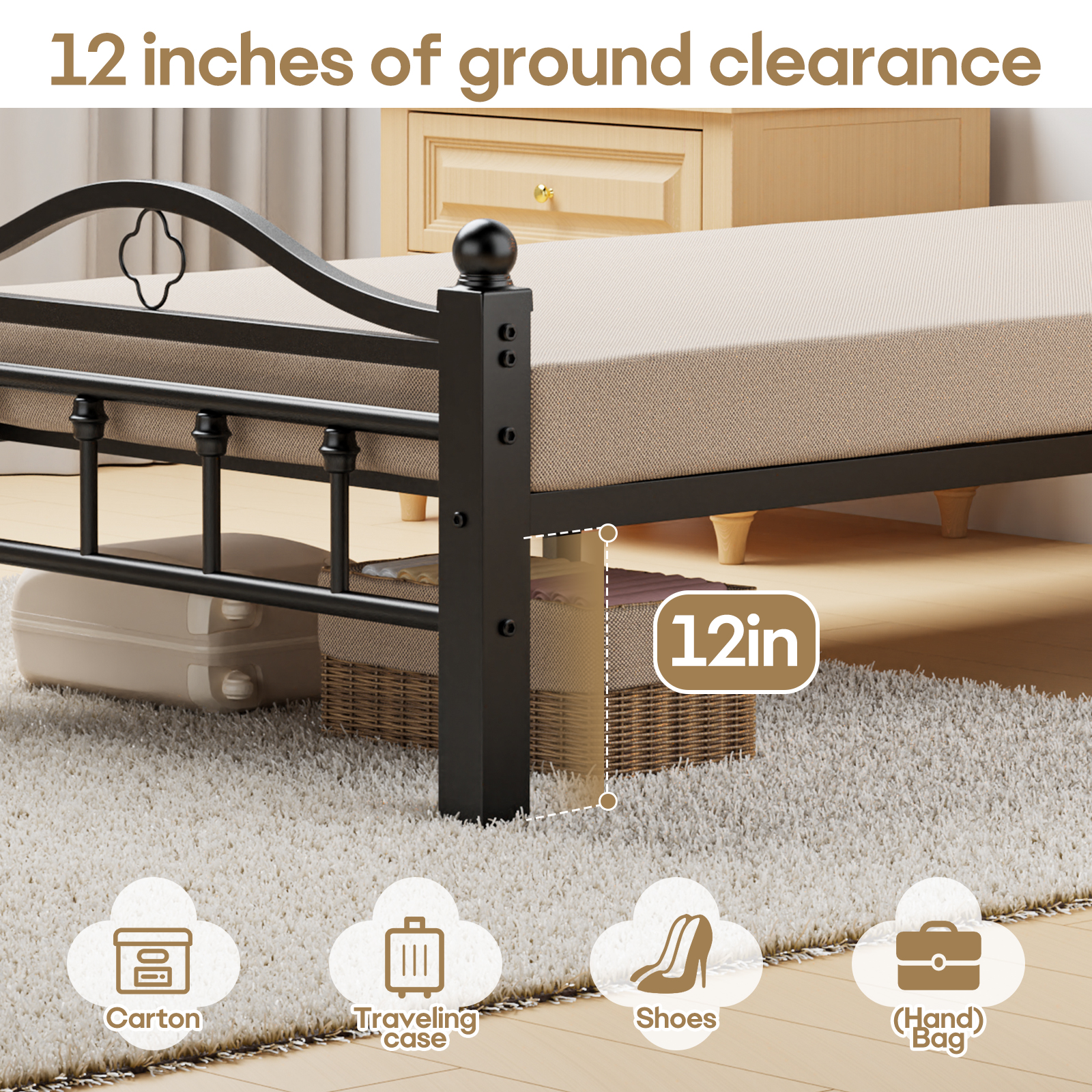 Twin Bed Frames With Headboard -Heavy Duty Twin Size Bed Frame, 1500LBS Capacity & Noise Free Design, 12 Inch Under-Bed Storage, No Box Spring Needed, Easy Assembly, Black