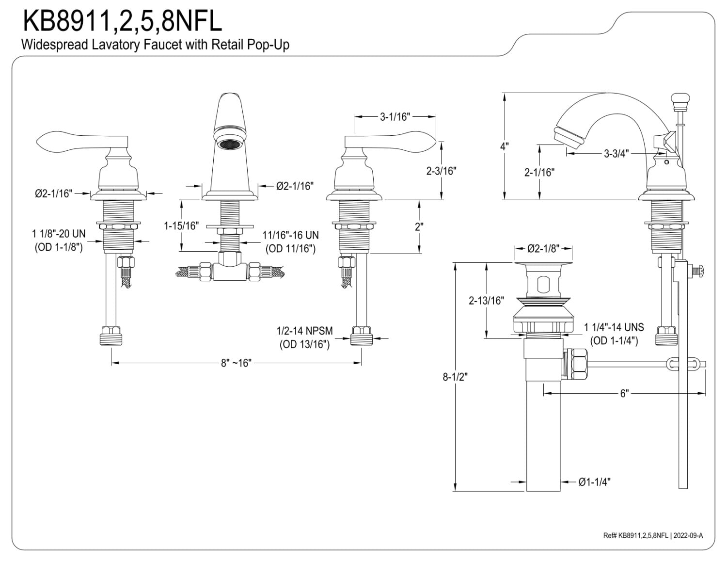 Kingston Brass Nuwave French Two Handle 4" to 8" Mini Widespread Lavatory Faucet with Retail Pop-up
