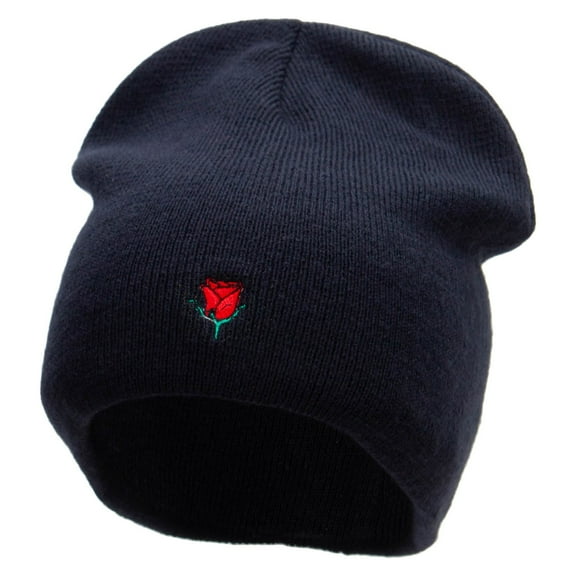 Mini Rose Symbol Embroidered Big Size 8 Inch New Solid Color Short Beanie - Navy XL-3XL