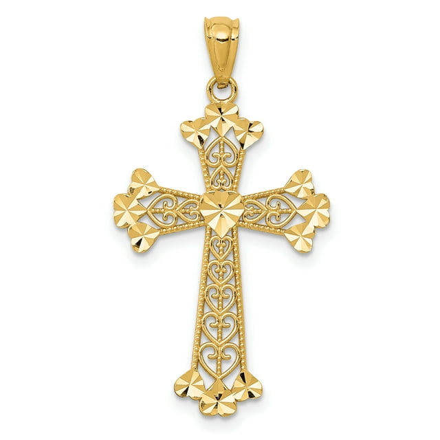 Collier Croix Cœur en Filigrane Or Jaune 14k Pendentif Religieux Amour Bouclé avec