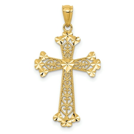 - 14k Yellow Gold Filigree Hearts Cross Religious Pendant Charm Necklace For Women