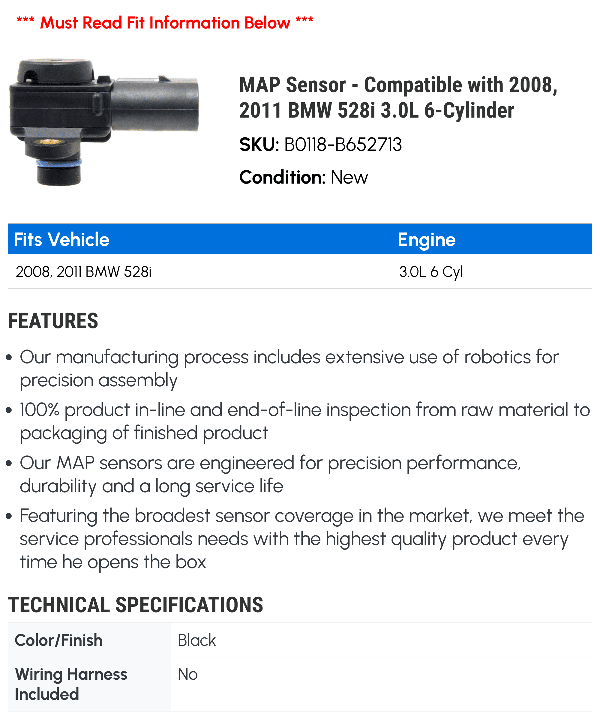 MAP Sensor - Compatible with 2008, 2011 BMW 528i 3.0L 6-Cylinder