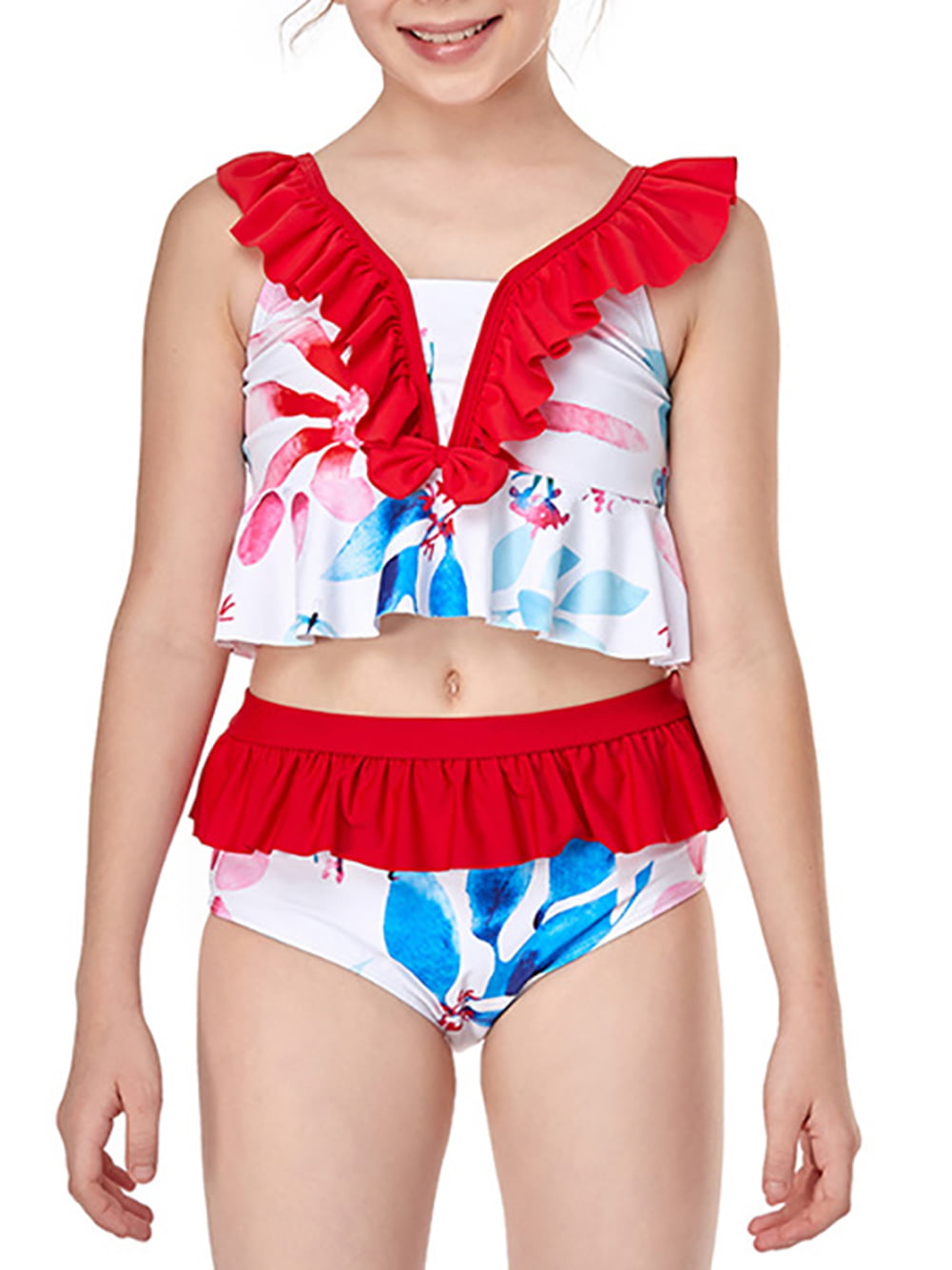 Girls Beach Sport 2-Piece Banded Tankini Swimsuit Flounce Bikini Set Ruffles Swimwear Bathing Suits 