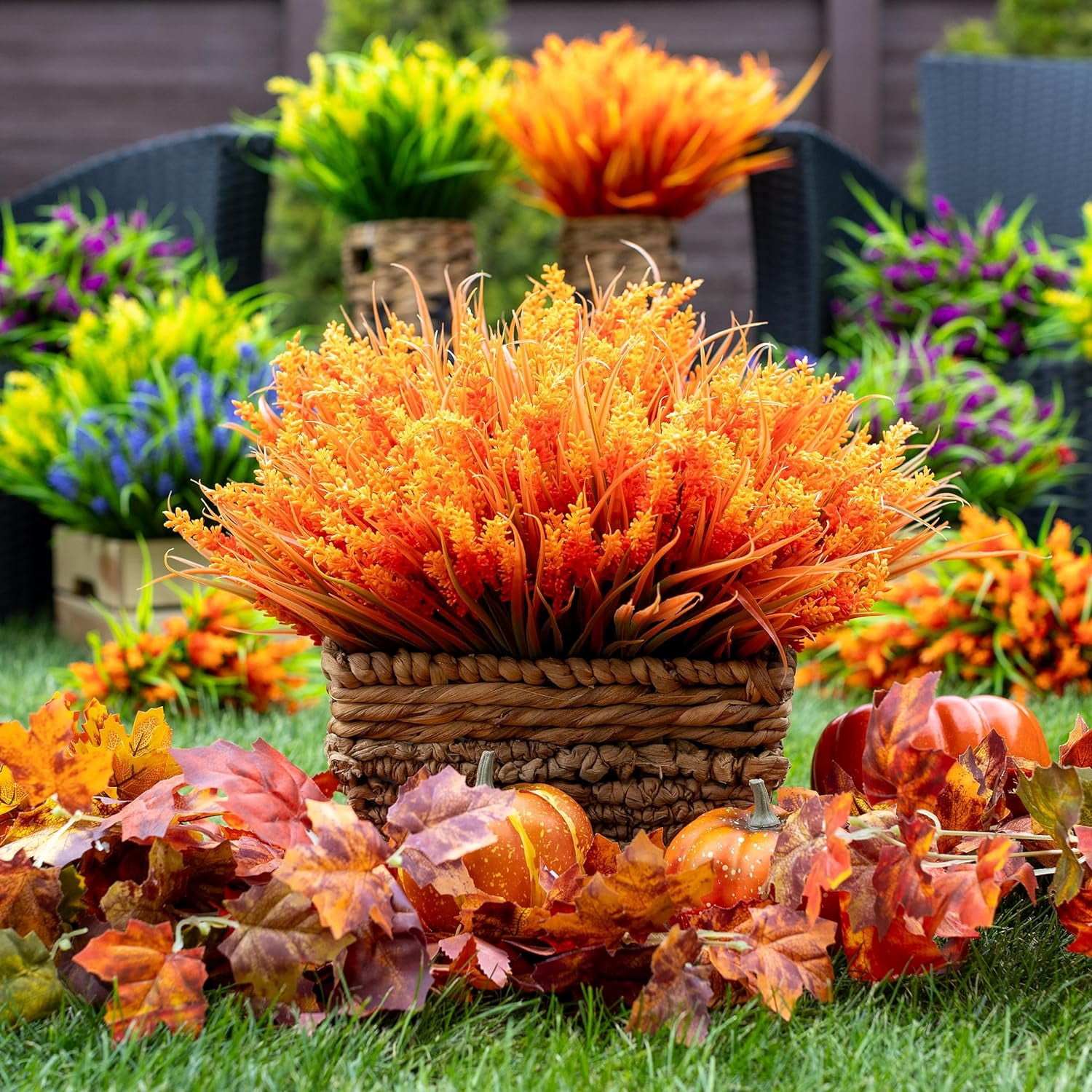 8PCS Artificial Flowers for Outdoors, Fake Lavender with Grass UV Resistant Plastic Faux Autumn Plants for Garden Thanksgiving Home Decor (Orange)
