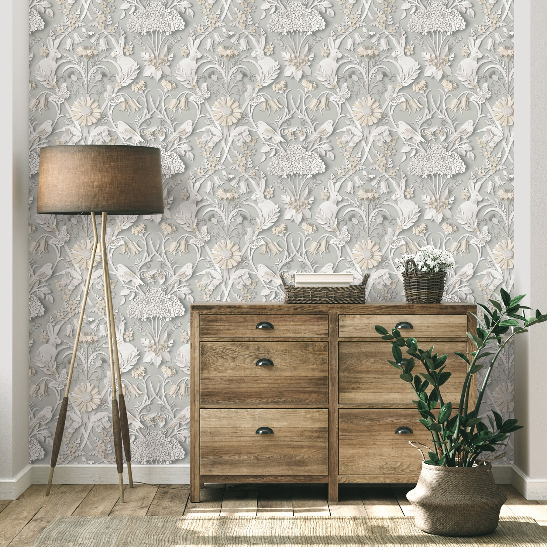 Fine Décor Fae Light Grey Woodland Wallpaper