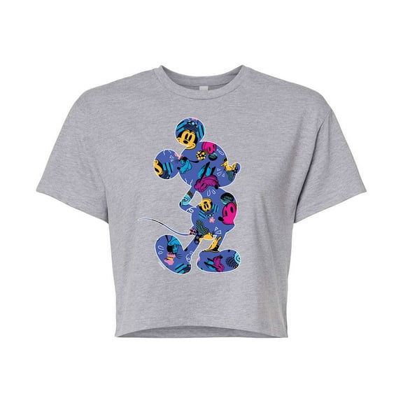 Mickey & Friends - Mickey Silhouette Expressive Pattern - Juniors Cropped Cotton Blend T-Shirt