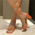 thumbnail image 4 of WIZUTIZ Block Heel Sandals for Women Dressy Sandals Women Comfort Trendy Stretch Lace-Up Bandage Sandals Pull-On Square Toe Shoes Low Heel (1"-2") Medium Solid Sandals Holiday Prime Orange, 4 of 6