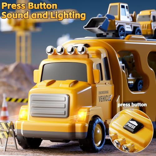 Construction Trucks Toys for 2 3 4 5 Years Old Boys - 5-in-1 Carrier Transport Vehicle Truck for Toddlers 2-4 Years with Crane,Mixer,Pushdozer and Excavator,Car Toys Birthdays Gift