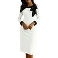 thumbnail image 3 of ClodeEU Women's Bow Knot Peplum Color Blocking Long Sleeve Round Neck Knee Length Dress,Slim Fit Elegant Dresses White,Womens Plus L, 3 of 6