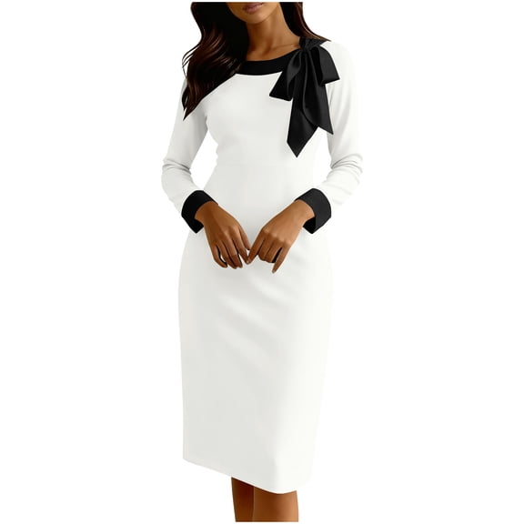 Stamzod Wedding Guest Dresses for Women 2026 Long Sleeve Bow Collar formal Dress Elegant Cocktail Dresses for Women White XL