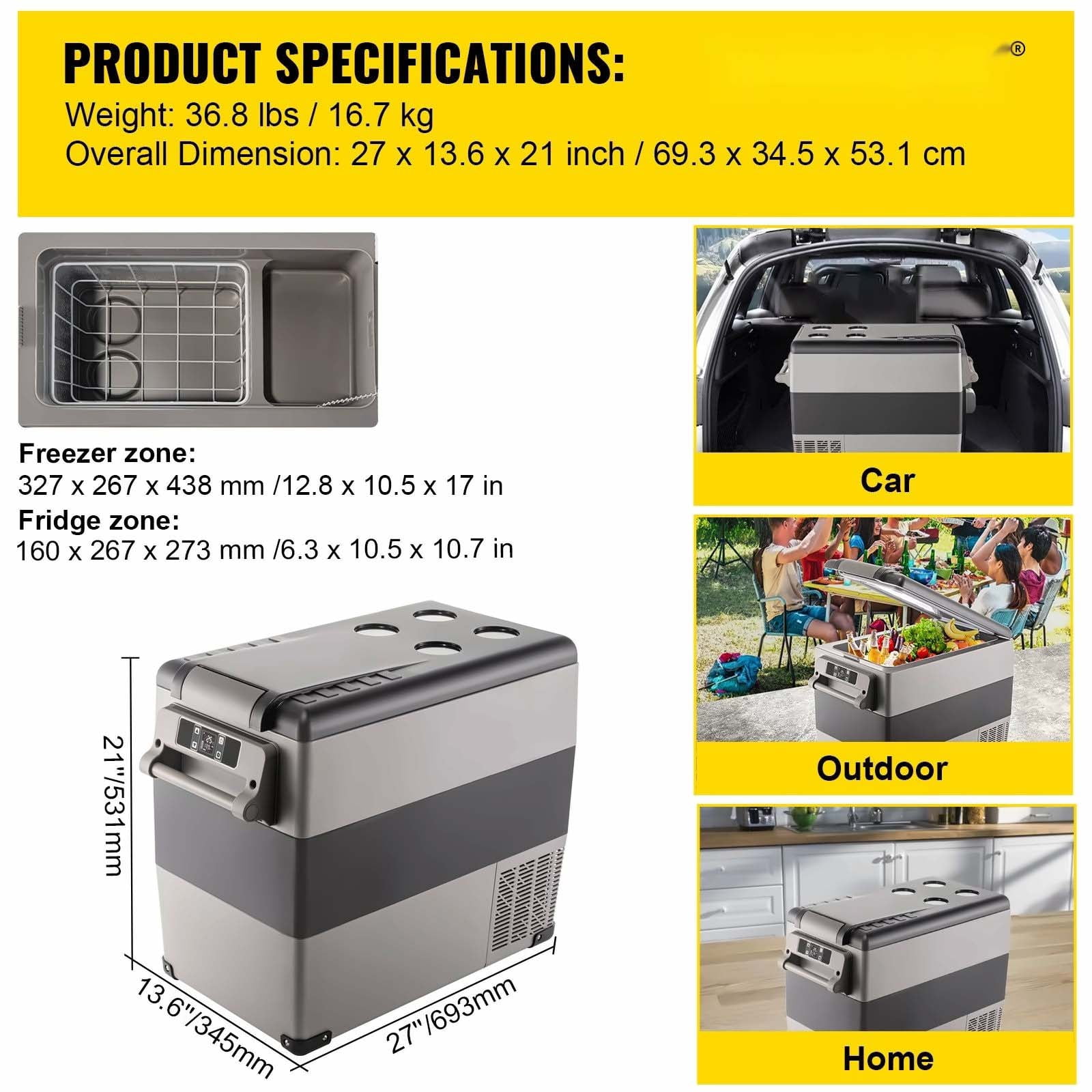 12 Volt Refrigerator 58 Qt, Portable Car Fridge Freezer Dual Zone, 12/24V DC & 110-240V AC Compressor Cooler for RV, Truck, Camping & Home - Black/Gray