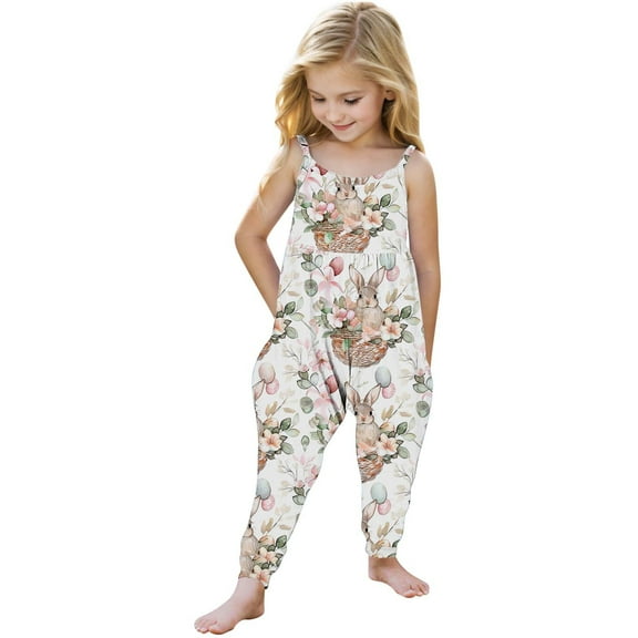 AUNVITO Kids Sleeveless Easter Overalls Summer Casual Play Clothes with Pockets Boys Girls Outfit