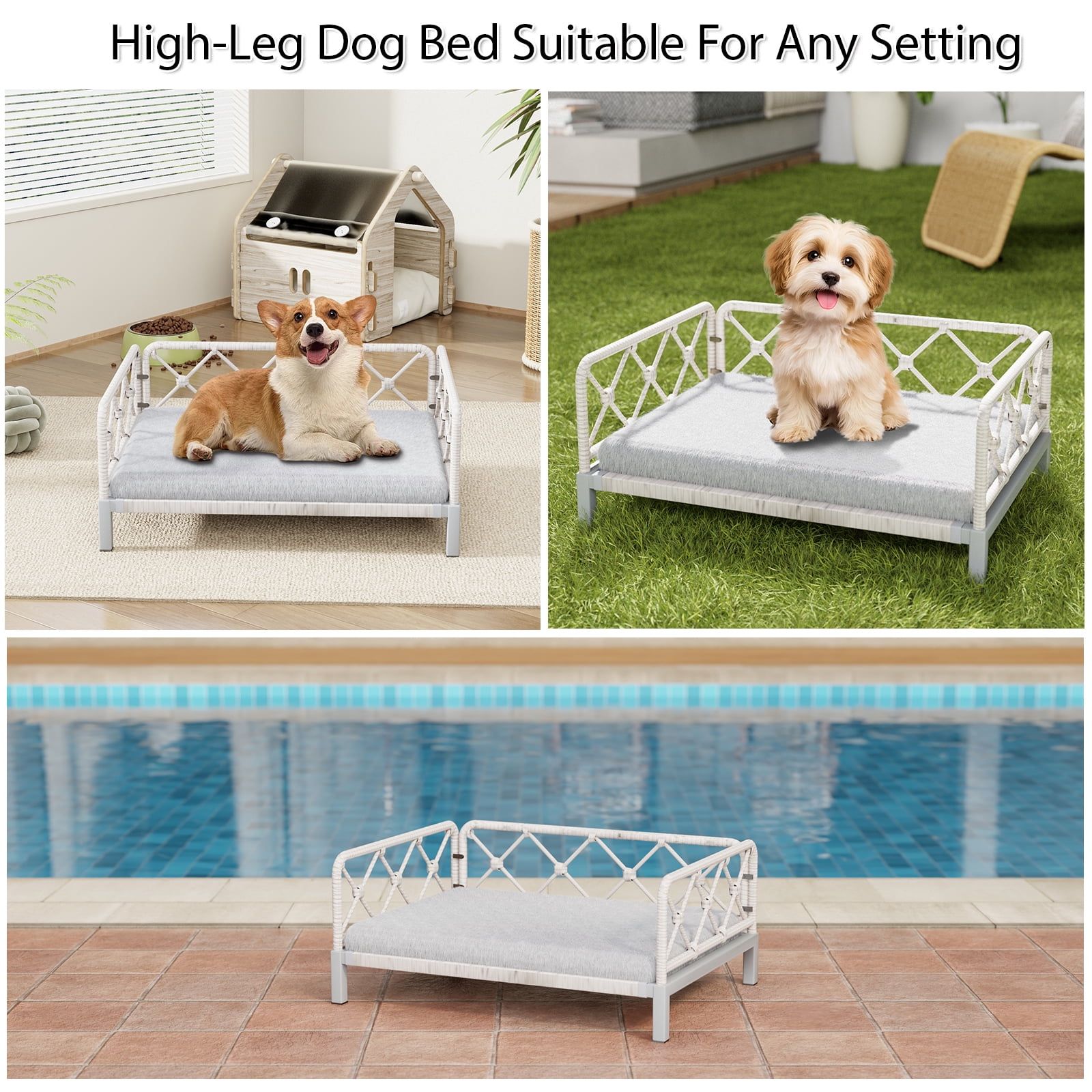 Wallowsun Wicker Dog Bed with 2'' Cushion,Rattan Dog Sofa Bed for Small Medium Dogs– Indoor/Outdoor Metal Frame Pet Bed up 66lbs (White Rattan Grey Cushion)