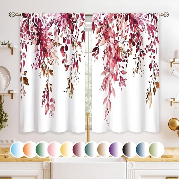 AUQ Burgundy Eucalyptus Kitchen Curtains 27.5x39, Watercolor Floral Tier Window Treatment, Botanical Plant Cafe Drapes for Bathroom Dining Room Fall Decor