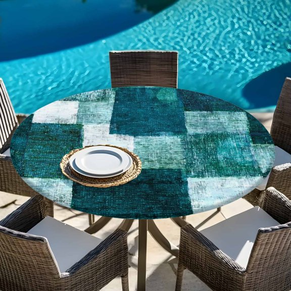 Gradient Turquoise White Round Fitted Tablecloth with Elastic Edge,Waterproof Table Cloth Fits Tables 45"-54",Wipeable Washable Table Cover for Indoor Outdoor Dinning Party,Abstract Oil Painting Art