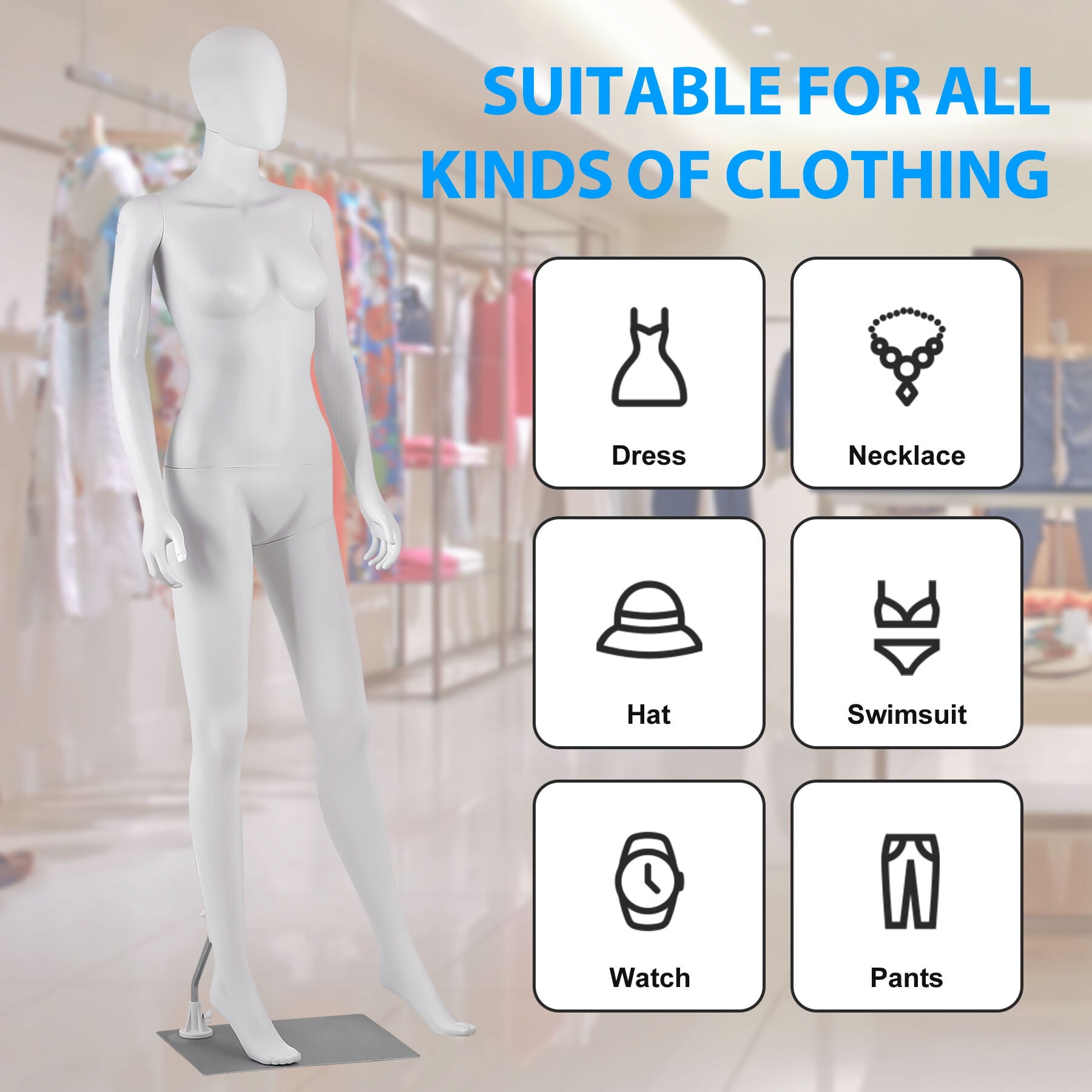 ZENY 70" Full-Body Female Mannequin with Adjustable Metal Base, White, New
