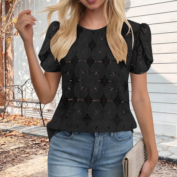 Craaazy Women's Relaxed Fit Crew Neck Blouse, Solid Color Short Sleeve Lace Eyelet Top, Loose Comfy Floral Lace Casual Tee for Summer Gifts