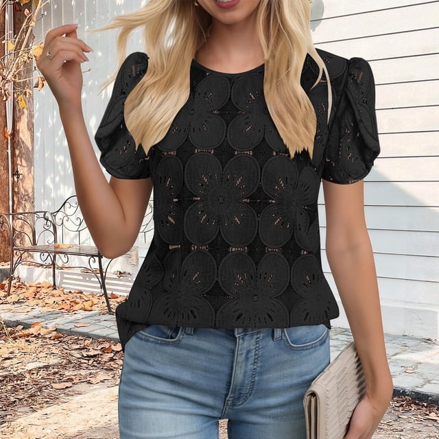 Craaazy Women's Relaxed Fit Crew Neck Blouse, Solid Color Short Sleeve Lace Eyelet Top, Loose Comfy Floral Lace Casual Tee for Summer Gifts