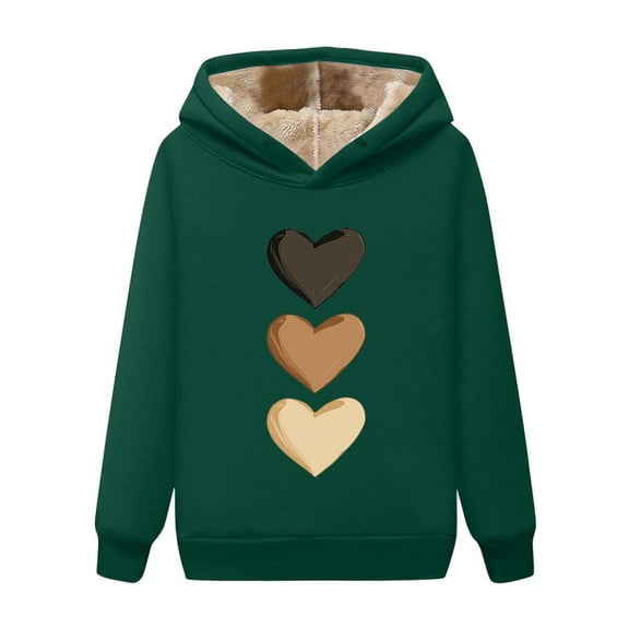 Womens Winter Sweatshirts Velvet Lined Warm Soft Fashion Heart Print Hoodies Long Sleeves Loose Comfy Hooded Sweatshirt Army Green L