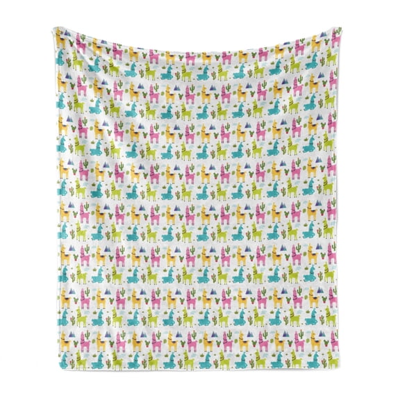 Cartoon Soft Flannel Fleece Blanket, Funny Colorful Children Theme Pattern with Alpaca Mountain and Cactus Exotic Leaves, Cozy Plush for Indoor and Outdoor Use, 50" x 70", Multicolor, by Ambesonne