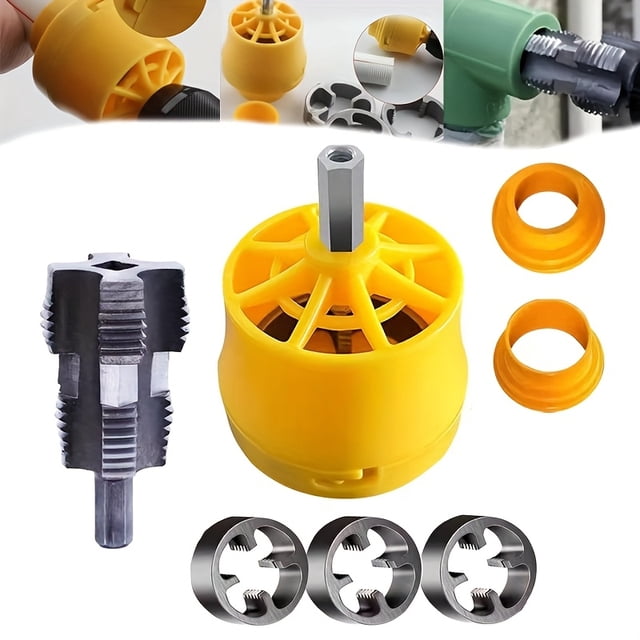CNKOO Electric Drill Compatible PVC Pipe Threader Kit PVC Pipe Threader Set with 3 Dies 1/2” 3/4” 1” PVC Thread Maker Tool for Electric Drill - Plastic Pipe Tap Die Set Pipe Threade