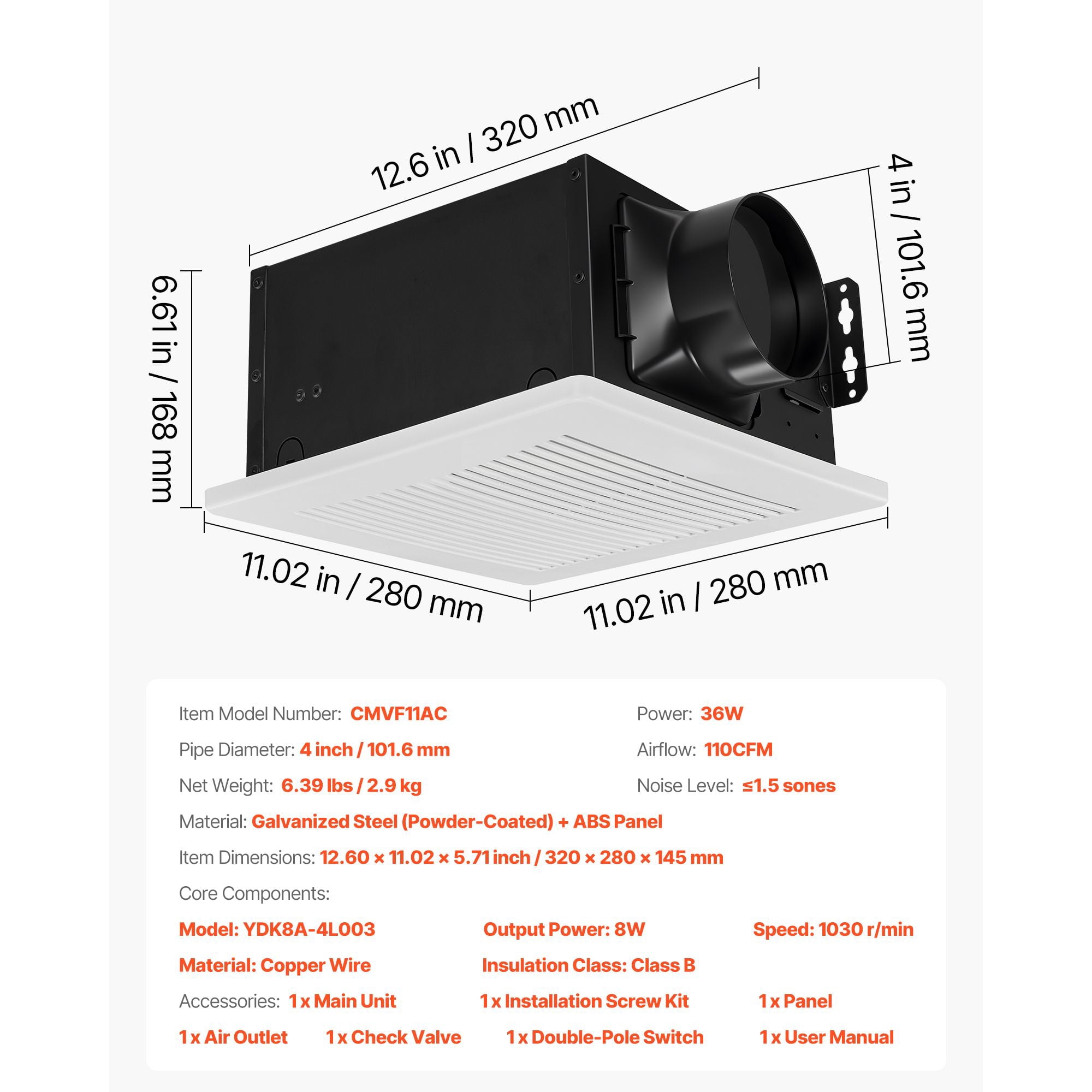110 CFM Bathroom Exhaust Fan with AC Motor, 1.5 Sones Low Noise, for Laundry Room Home Ventilation