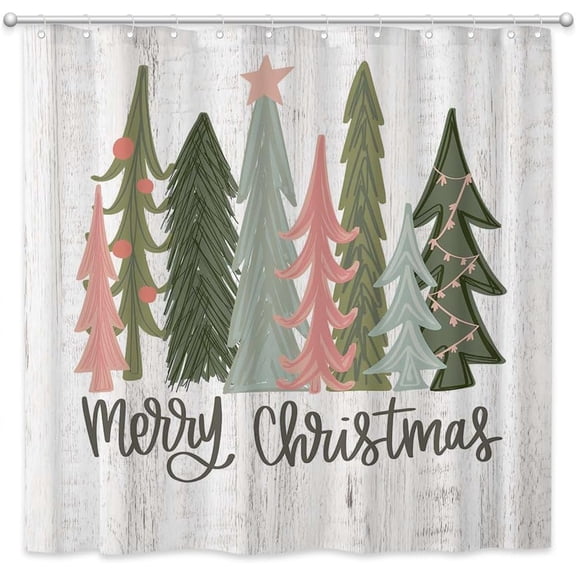 Merry Christmas Shower Curtain Pink and Green Christmas Trees Bathroom Curtain Set Xmas Pine Tree Holiday Polyester Fabric Bathtub Decor with 12 Hooks 72x72 Inches