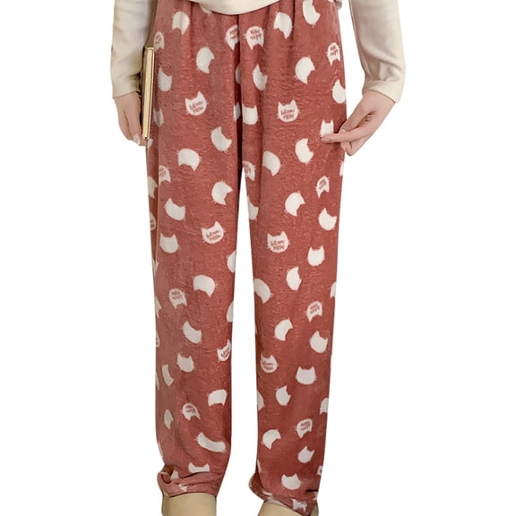 SGMVNU Pajama Pants for Women Fuzzy Flannel Loungewear Pants Cartoon Printed Comfy Warm Sleepwear Elastic Waist Winter Sleepwear Bottom(Brick Red, 2XL)
