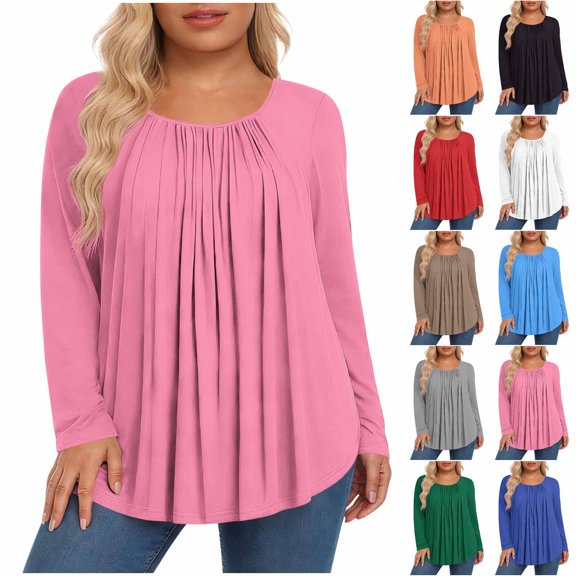 Bixock Maternity's Top Plus Size Women Long Sleeve Shirts Solid Color Crew Neck Ruched Texture Loose Breathable Fall Blouse