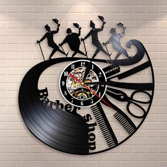 Outils de Barbier Horloge Murale Peigne Ciseaux Rasoir Coiffeur Horloge Disque Vinyle Coiffeur Gentleman Horloge Décorative Montre Murale