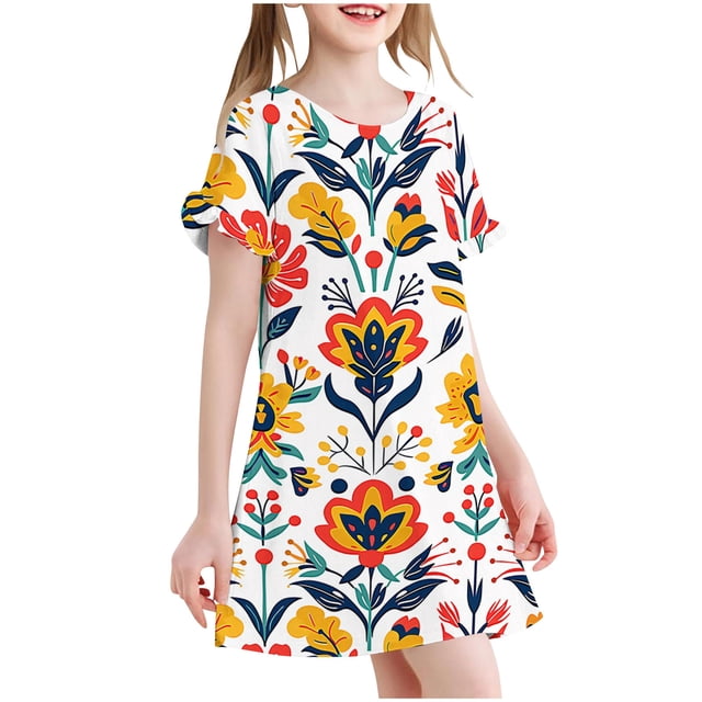 RXIRUCGD 2025 Vêtements d'Été pour Enfants 3-12 Ans Mode Imprimée Pyjama Rêveur Mi-Mollet Chemise de Nuit