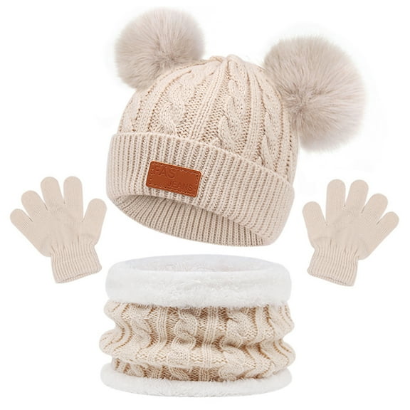 comerut 3Pcs/Set Winter Baby Beanie Heat Neckerchief Gloves Set Plush Balls Decor Knitting Hat Thickened Scarf Solid Color Gloves Set