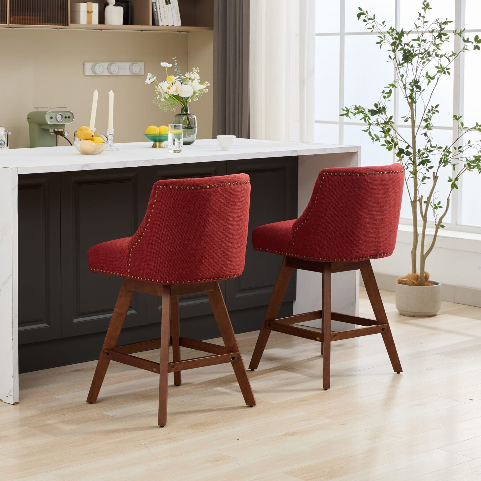 Swivel Bar Stools Set of 2, 26" Counter Height Bar Stools with Back & Footrest, Upholstered Kitchen Island Chairs with Built-in Nailhead Trim for Home Bar, Pub, Wine Red