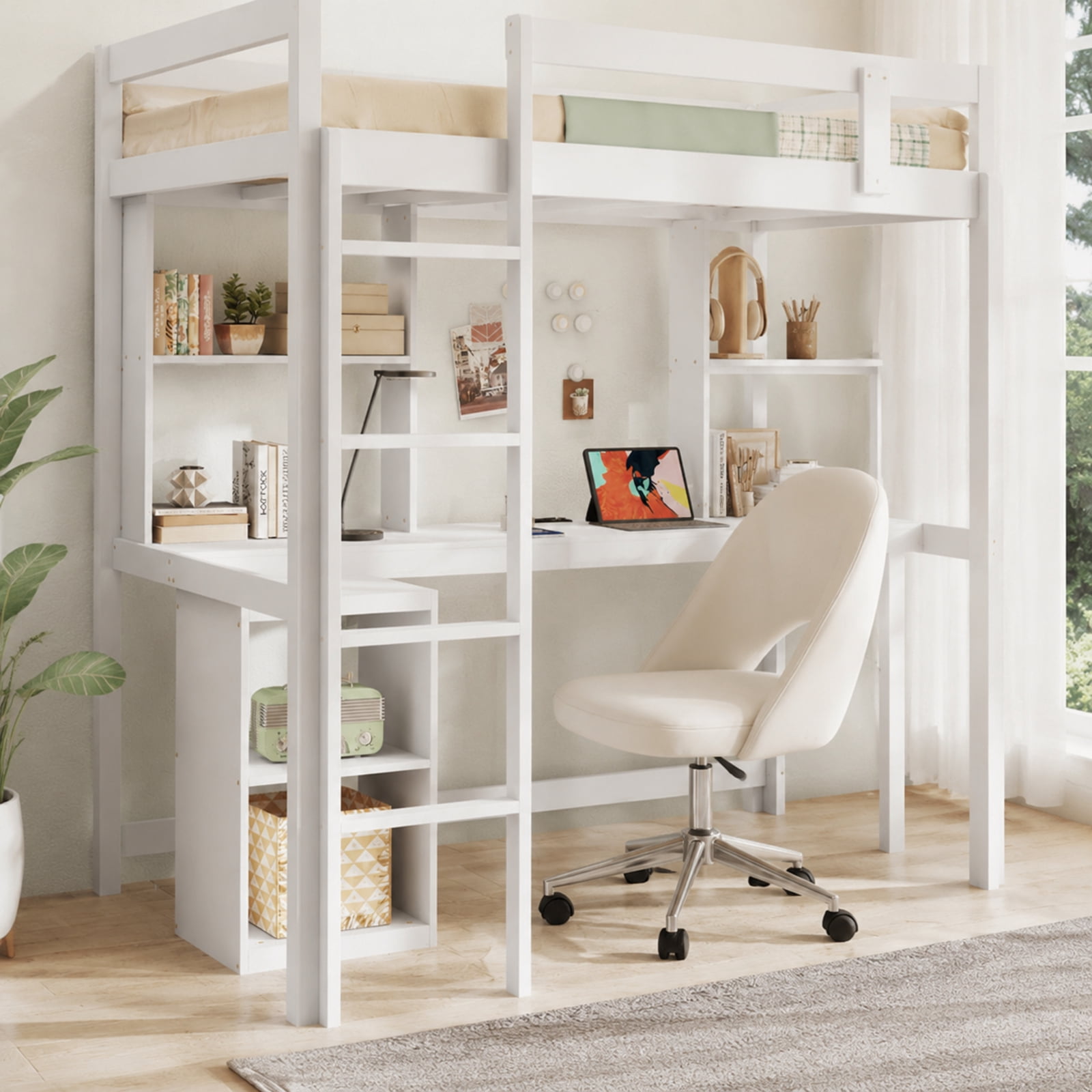 Furnibear Twin Loft Bed with Built In Desk LED Light Charging Station 2 Outlets USB Type C Ports Full Length Guardrails and 14 Plywood Slats, White