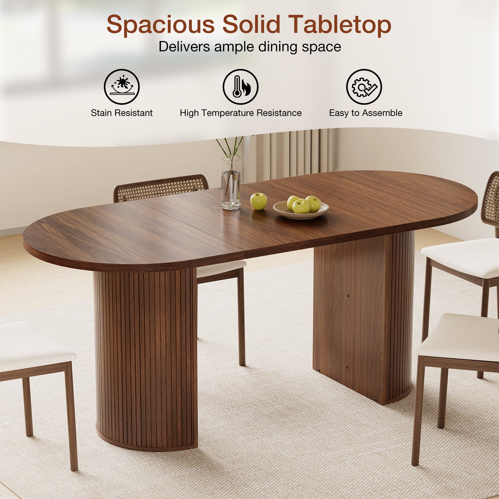 Hommpa 71" Dining Table for 6,Modern Oval Kitchen Table With Wood Strip Base,Long Dining Room Tables for Kitchen Dining Room Living Room,Walnut